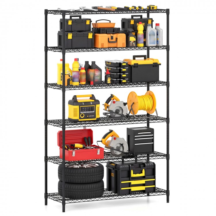 6-tier black metal storage shelving unit with adjustable shelves, V-shaped wire racks, ideal for garage organization.