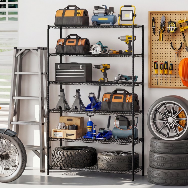 6-tier black metal storage shelving unit with adjustable shelves, ideal for garage organization and tool storage.