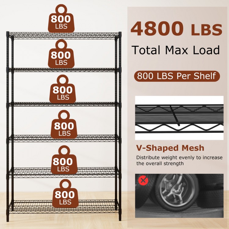 6-tier black metal storage shelving unit with V-shaped wire racks, supporting 800 lbs per shelf for garage or home use.