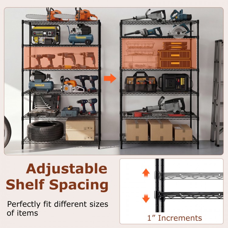 6-tier black metal storage shelving unit with adjustable shelves for garage, kitchen, or basement organization.