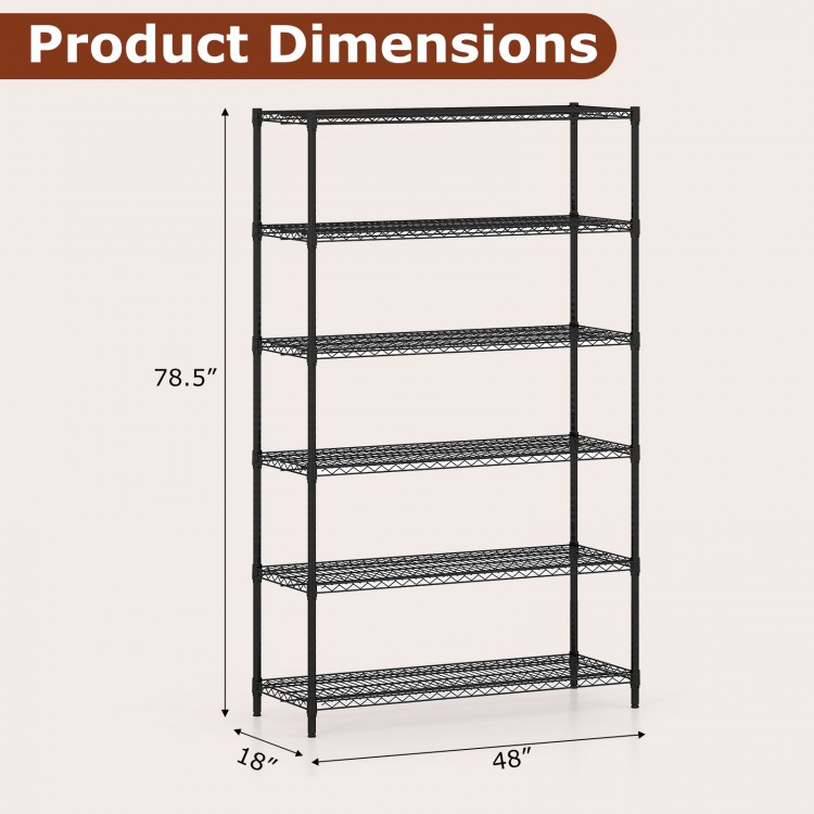 6-tier black metal storage shelving unit with adjustable shelves, ideal for garage or kitchen organization.