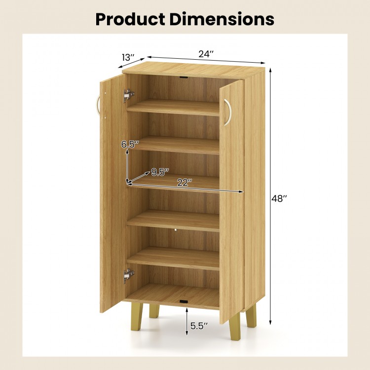 Dimensions of the 6-tier wooden shoe cabinet in oak, featuring removable shelves and a spacious countertop for.