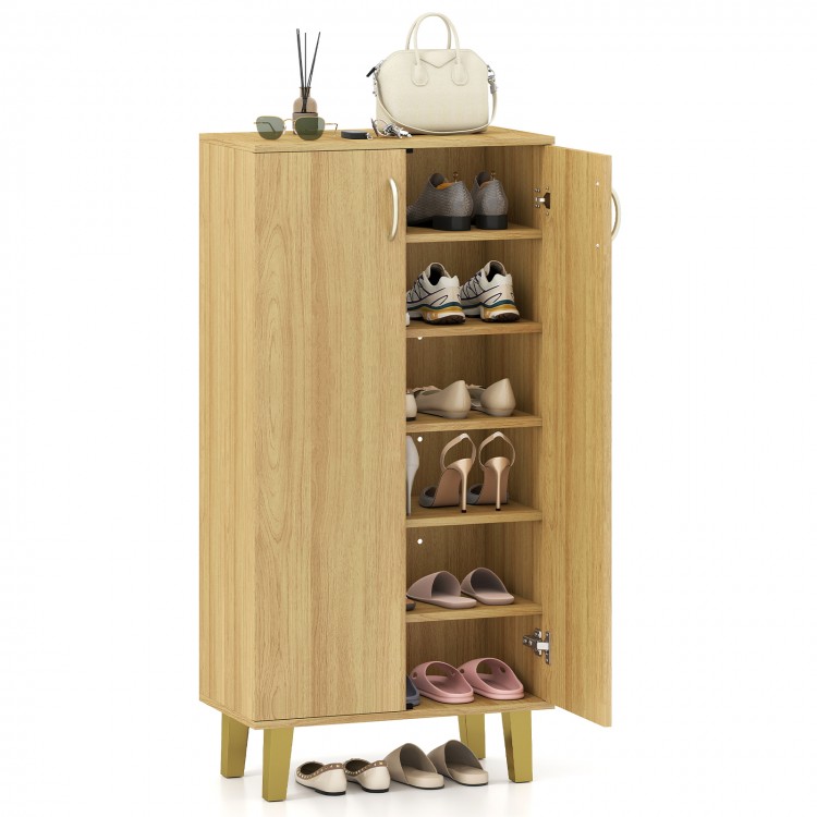 6-tier wooden shoe cabinet in oak with removable shelves, spacious countertop, and soft close hinges for entryway.