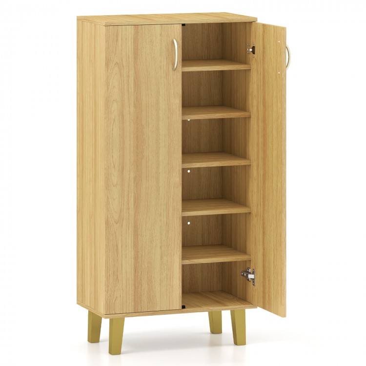 6-tier wooden shoe cabinet in oak with removable shelves, doors, and soft close hinges for organized storage.