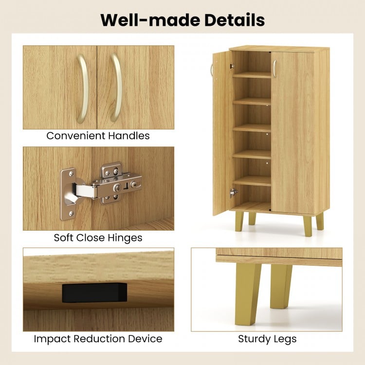 Close-up of the 6-tier wooden shoe cabinet showcasing soft close hinges and sturdy legs for enhanced stability.