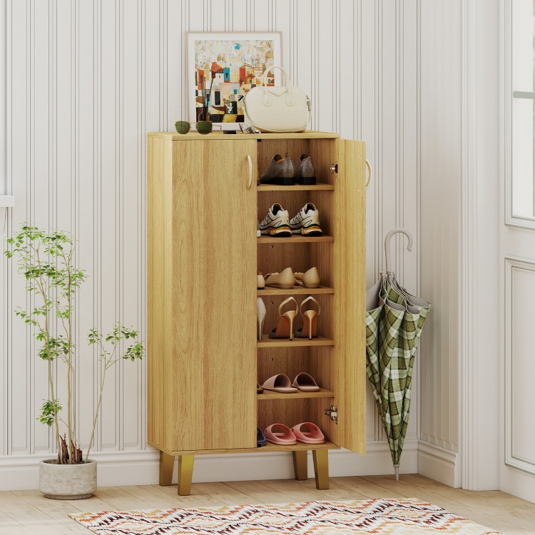 6-tier wooden shoe cabinet in oak with removable shelves, perfect for organizing shoes in entryway or living room.