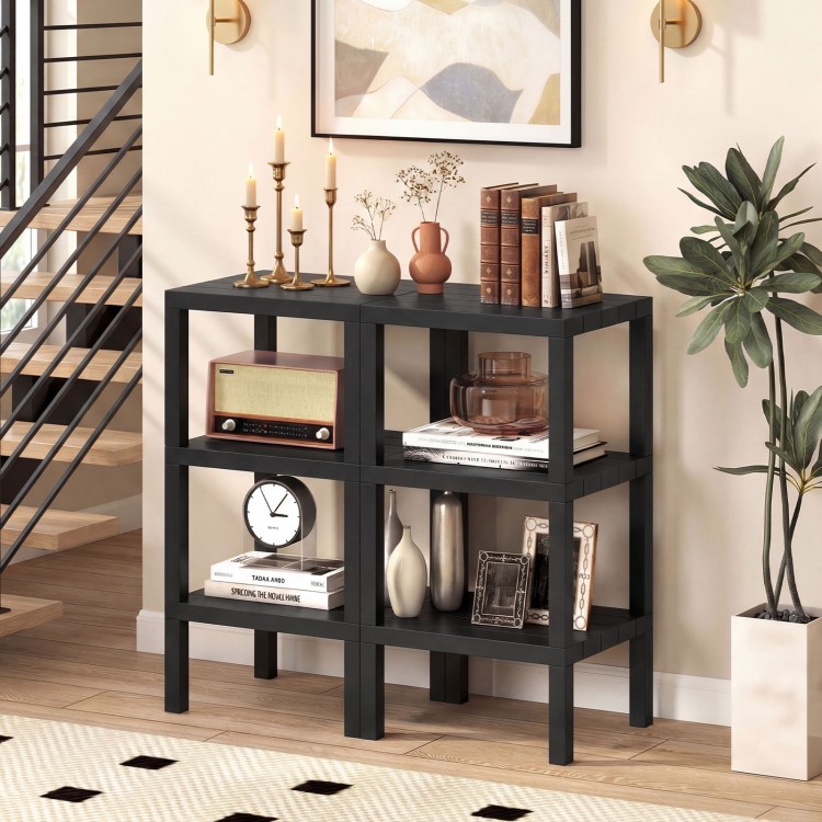 Black 6-tier modular storage shelves with open design for versatile display in living room or kitchen.