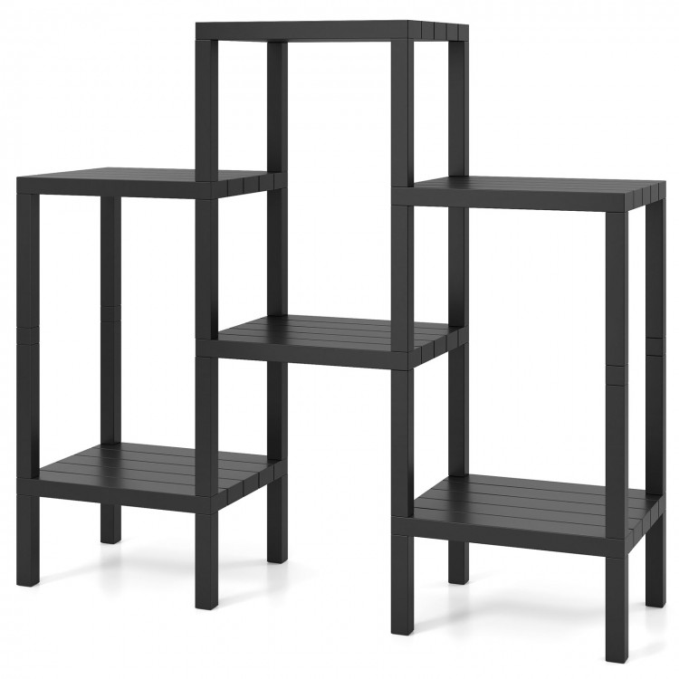 Black 6-tier plastic modular storage shelves with open design, customizable assembly for living room or kitchen use.