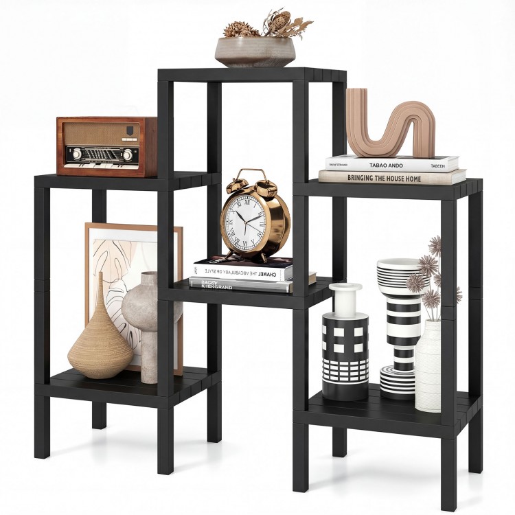 Modular 6-tier black plastic storage shelves displaying decorative items, ideal for living room or kitchen organization.