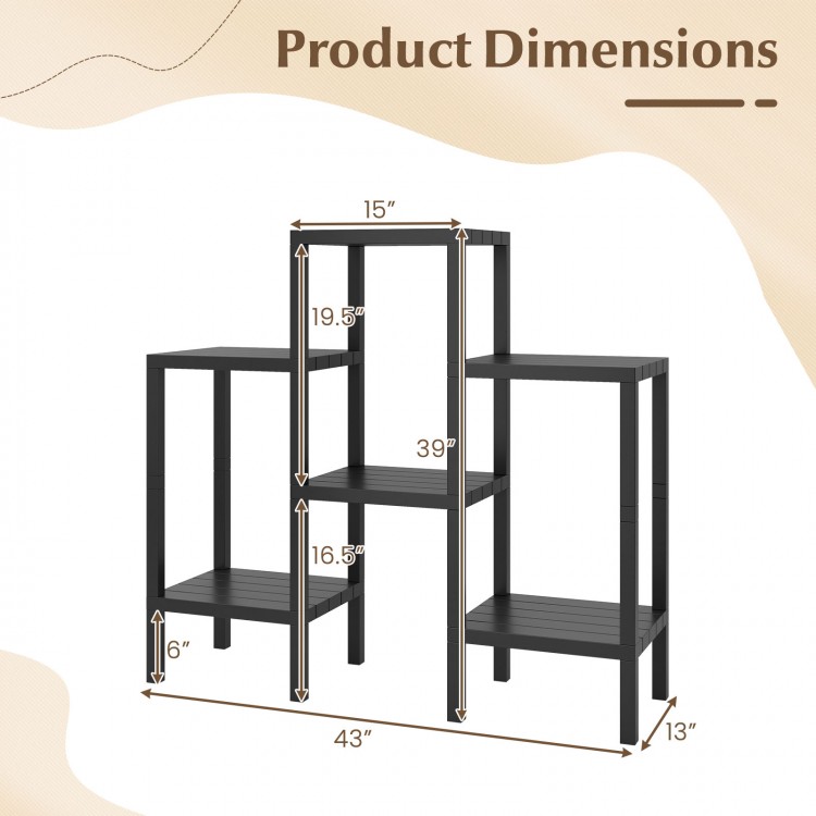 Modular 6-tier plastic storage shelves in black, measuring 43" x 39", ideal for customizable living room and kitchen.