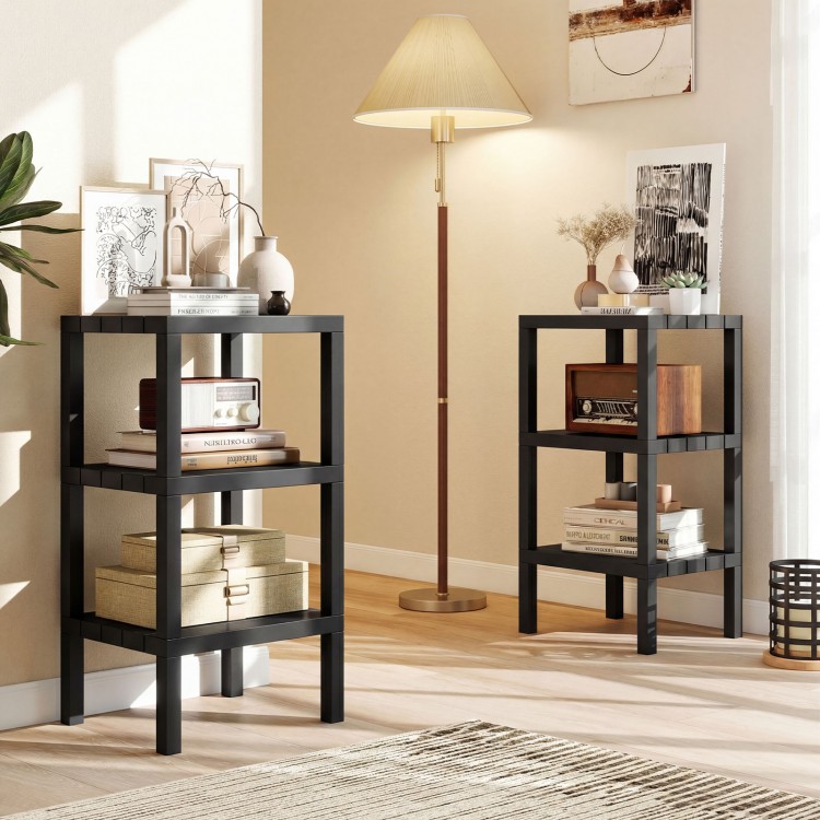 Black 6-tier plastic modular storage shelves with open design, ideal for living room and kitchen organization.