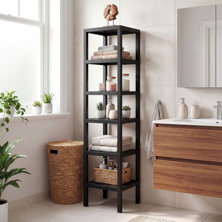 Black 6-tier plastic modular storage shelves with open design, ideal for bathroom or kitchen organization.