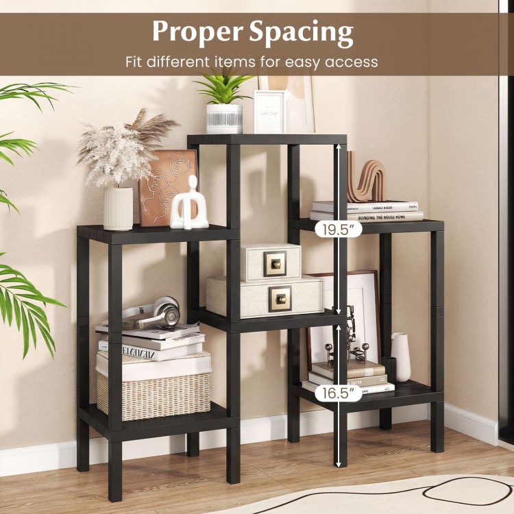 6-tier black plastic modular storage shelves with proper spacing, ideal for living room and kitchen organization.