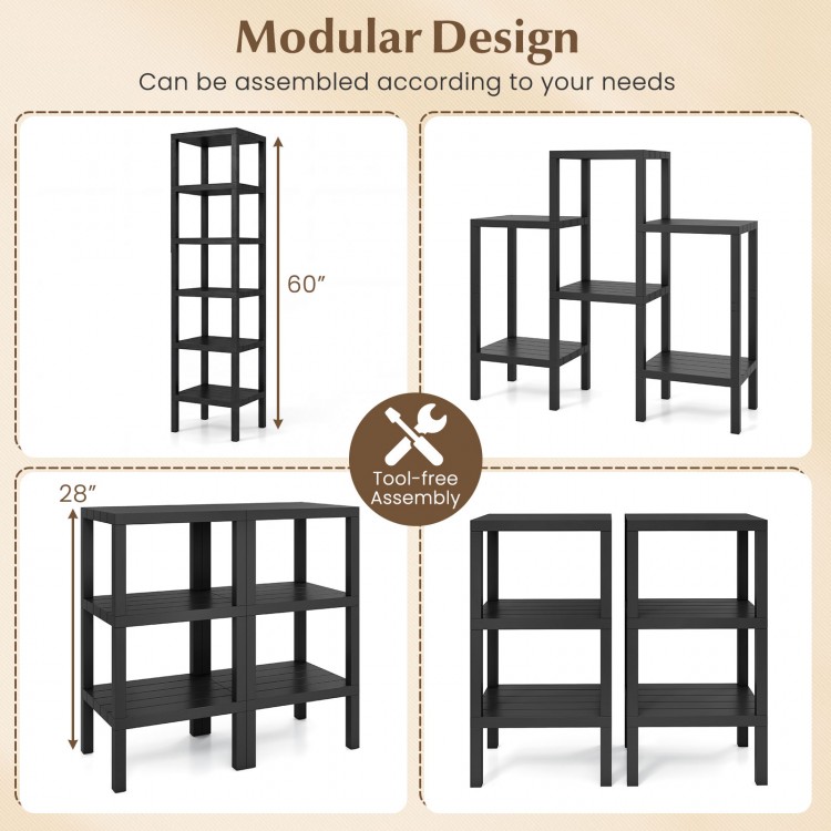 6-tier black plastic modular storage shelves with open design, customizable assembly for living room and kitchen use.