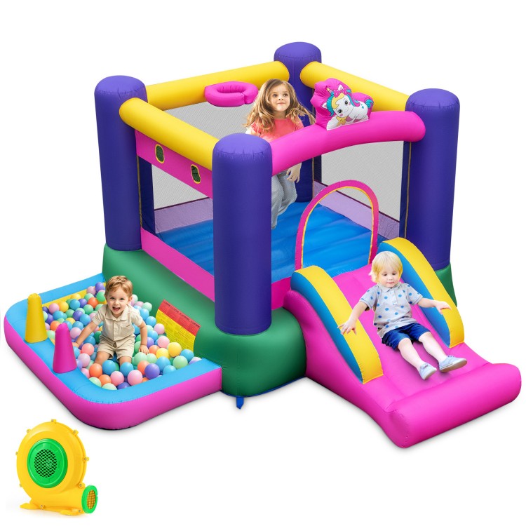 Inflatable 6-in-1 bounce house with slide, ball pit, and basketball hoop for outdoor fun and entertainment.