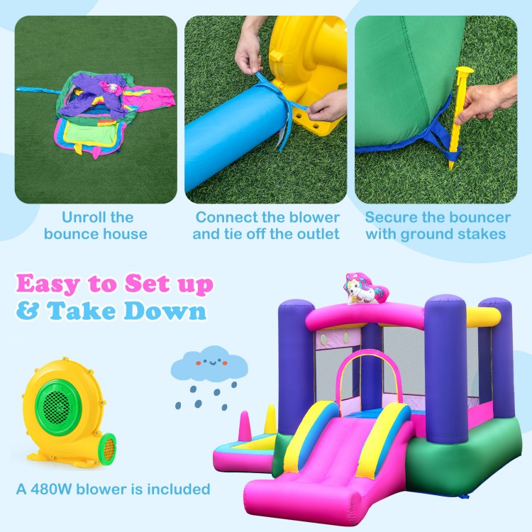 Inflatable 6-in-1 bounce house with slide and ball pit, featuring a 480W blower for easy setup and outdoor fun.