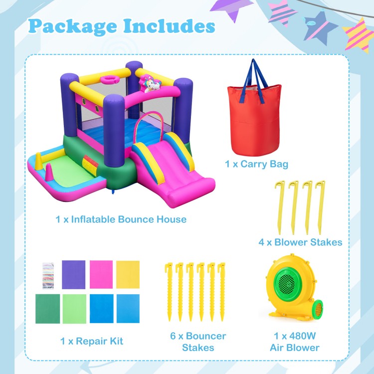 Inflatable bounce house with slide and ball pit, made of waterproof oxford cloth, perfect for outdoor fun and parties.