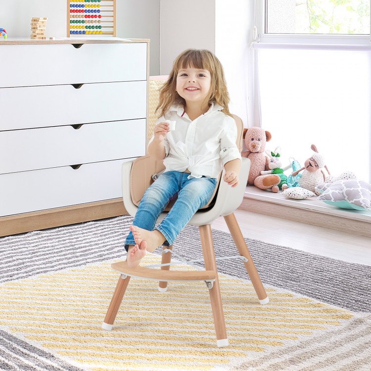 Convertible wooden highchair in light brown with adjustable legs, safety harness, and cozy PU cushion for mealtime.