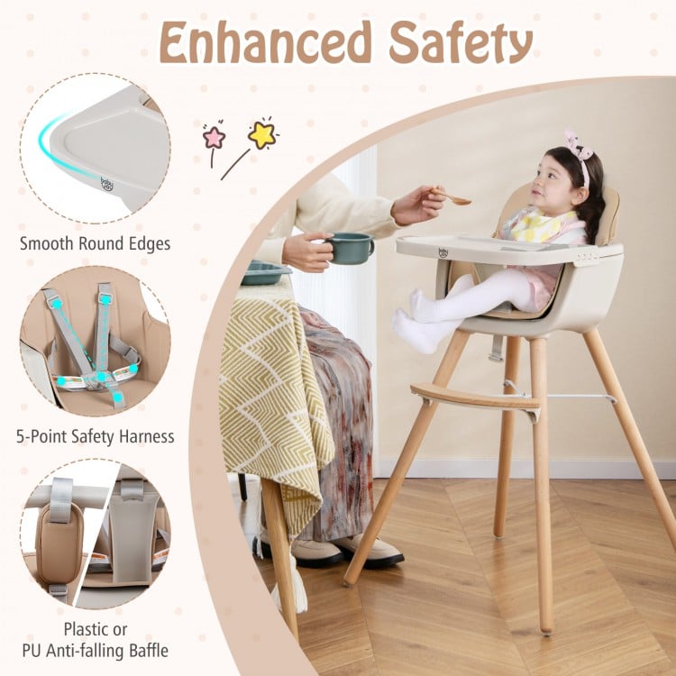 6-in-1 convertible wooden highchair in light brown with safety harness, smooth edges, and adjustable legs for secure.