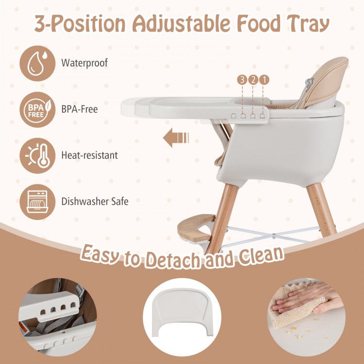 Adjustable 3-position food tray of a light brown 6-in-1 convertible wooden highchair for easy cleaning and safety.
