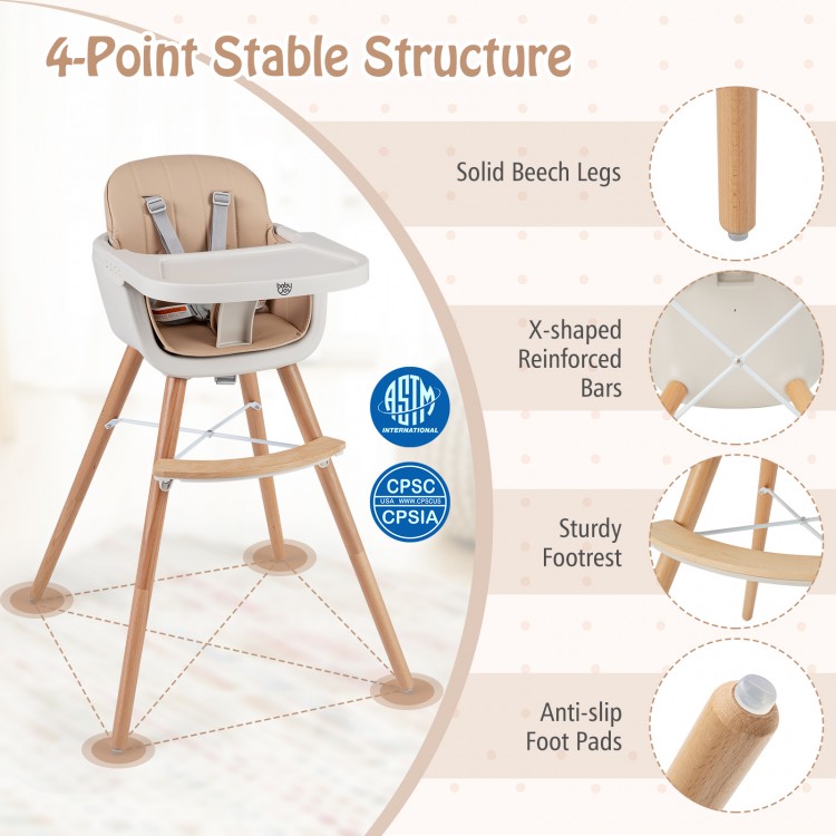 6-in-1 convertible wooden highchair with solid beech legs, safety harness, and adjustable legs for secure mealtime.