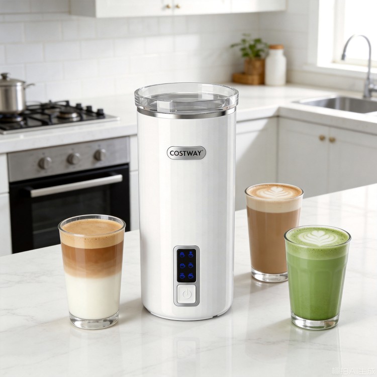 6-in-1 electric milk steamer in white with stainless steel interior, serving three drinks on a kitchen counter.