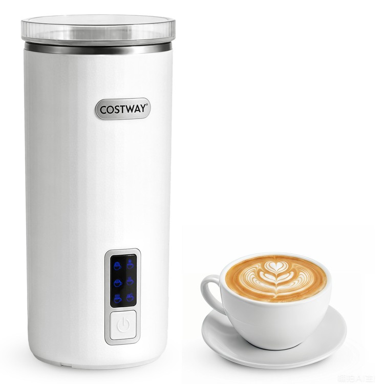 6-in-1 electric milk steamer in white with a powerful whisk for rich foam, perfect for coffee lovers and outdoor.