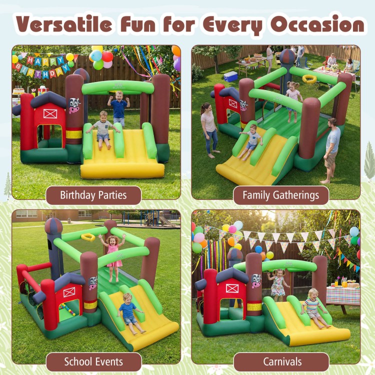 Colorful 6-in-1 inflatable bounce house with double slides, perfect for birthday parties and outdoor fun for kids.