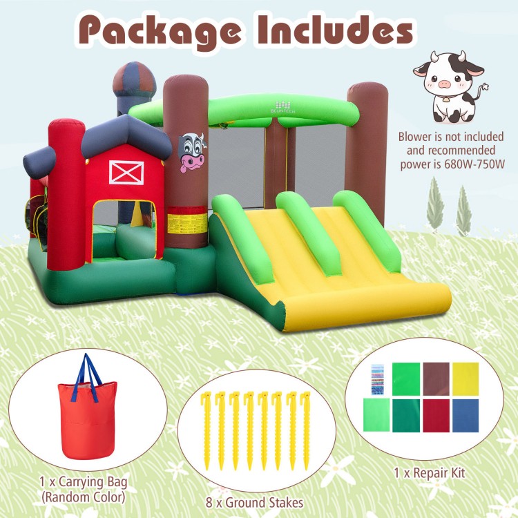 Inflatable bounce house with double slides, bright colors, and safety mesh, perfect for kids' indoor and outdoor fun.