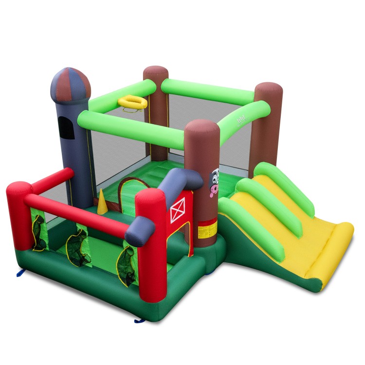 Colorful 6-in-1 inflatable bounce house with double slides, basketball hoop, and ball pit for kids aged 3-10 years.