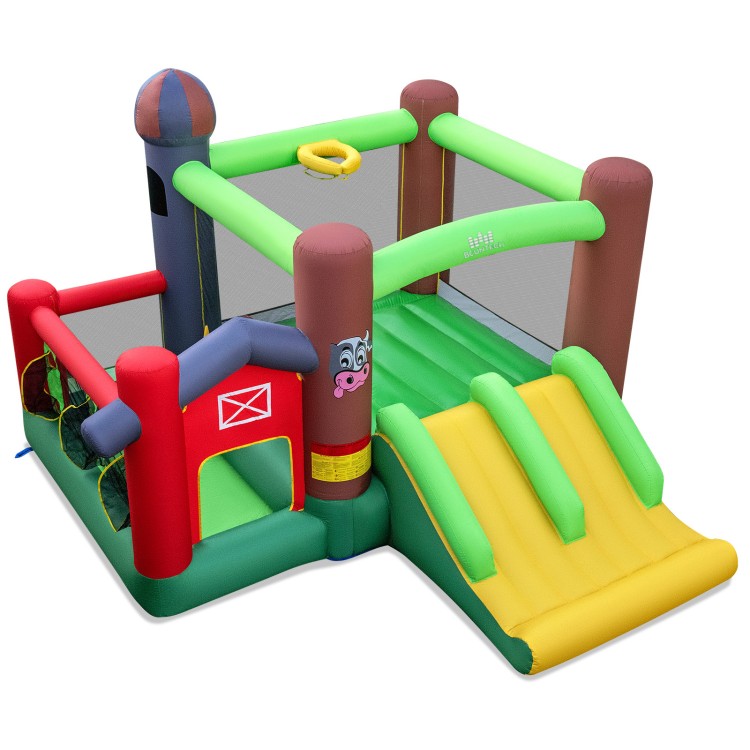 Colorful 6-in-1 inflatable bounce house with double slides, basketball hoop, and ball pit for kids aged 3-10.