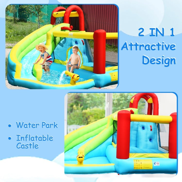 Brightly colored 6-in-1 inflatable bounce house with water slide, climbing wall, and basketball hoop for backyard fun.