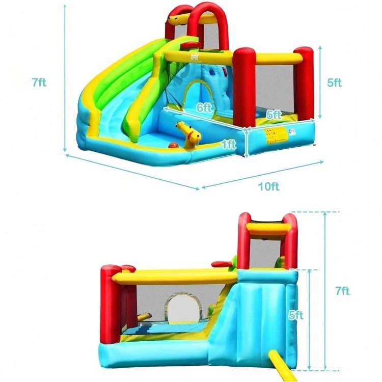 Inflatable bounce house featuring a climbing wall, water slide, and basketball hoop, perfect for summer backyard fun.