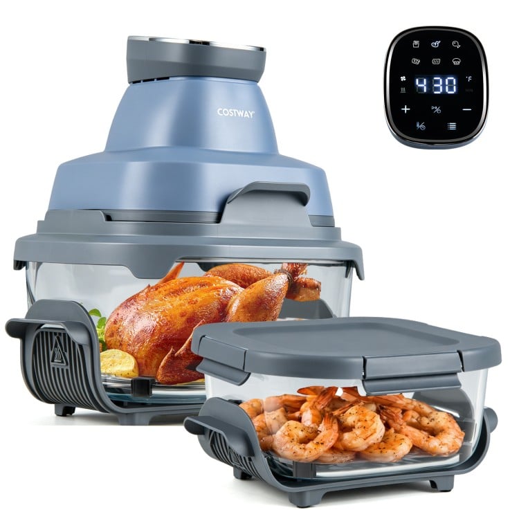 6-in-1 portable glass air fryer with dual containers, 1500W power, and blue design for versatile cooking.