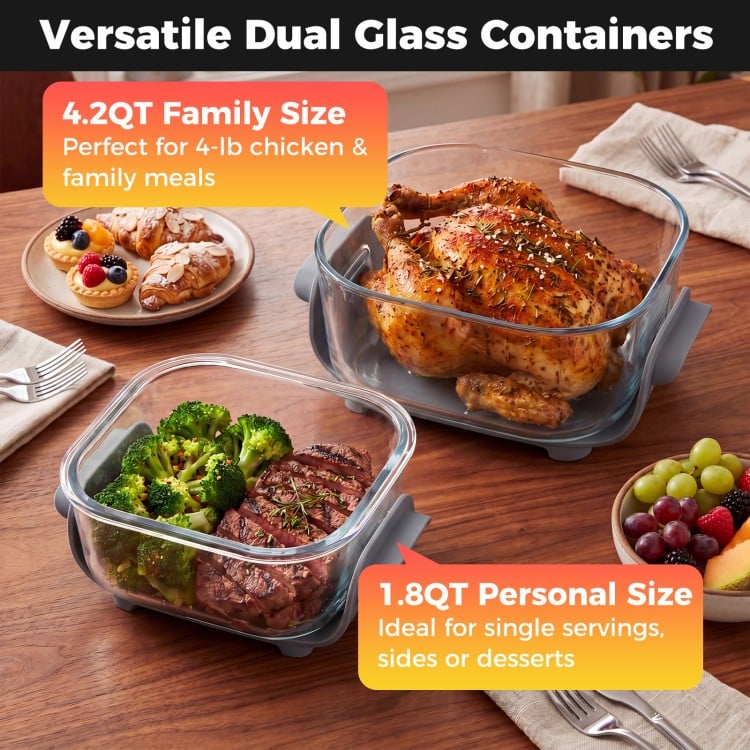 Dual glass containers showcasing 4.2QT and 1.8QT sizes, ideal for family meals and single servings.