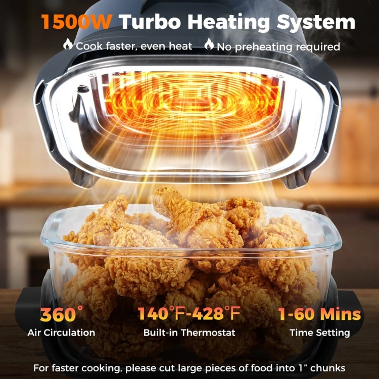 6-in-1 Portable Glass Air Fryer with dual containers, 1500W, for faster cooking and easy cleanup.