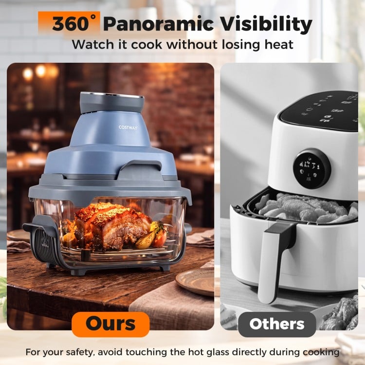 6-in-1 Portable Glass Air Fryer with dual containers, showcasing 360° panoramic visibility for easy cooking monitoring.