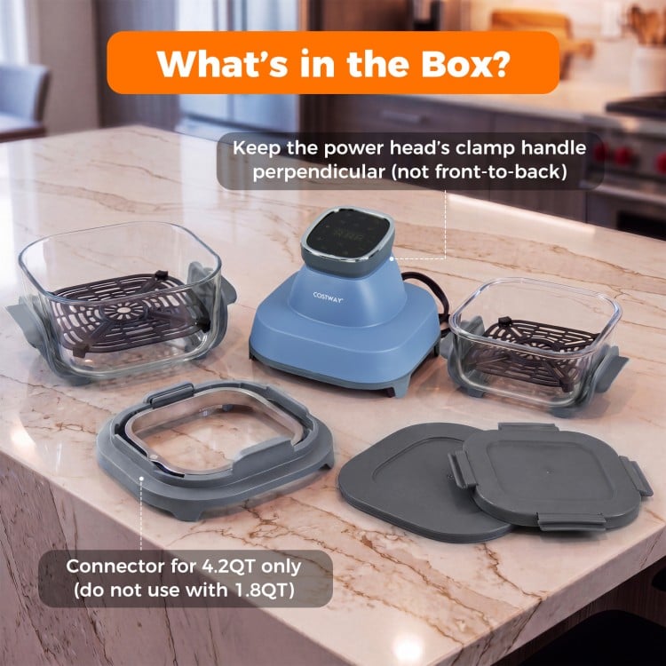 6-in-1 Portable Glass Air Fryer in blue with dual containers and lids, ideal for versatile cooking and easy cleanup.