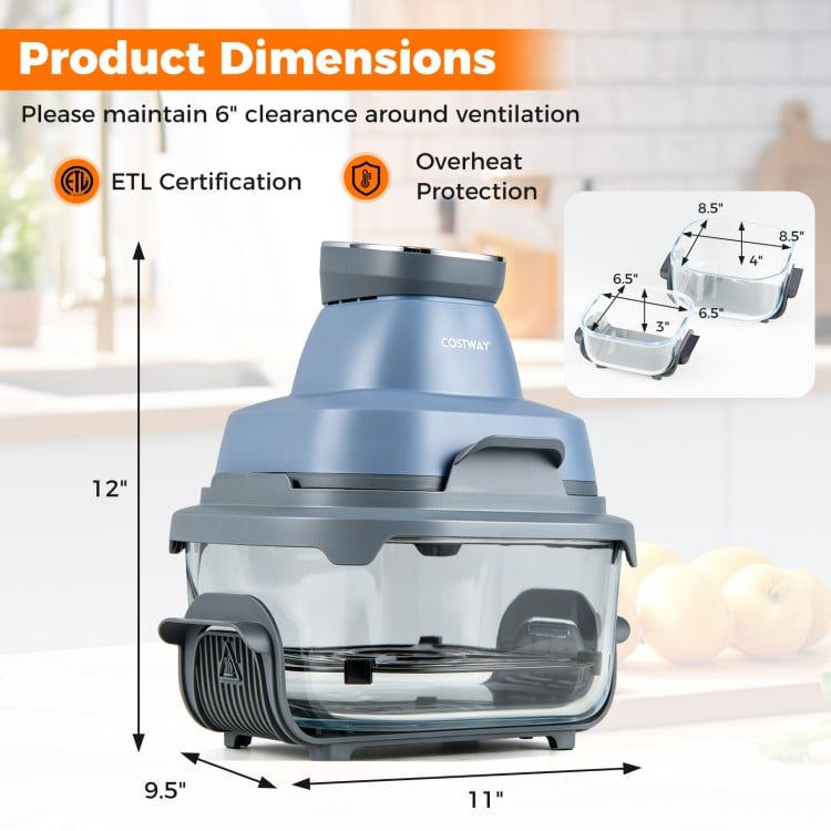 6-in-1 Portable Glass Air Fryer in blue, showcasing dimensions and dual containers for versatile cooking.