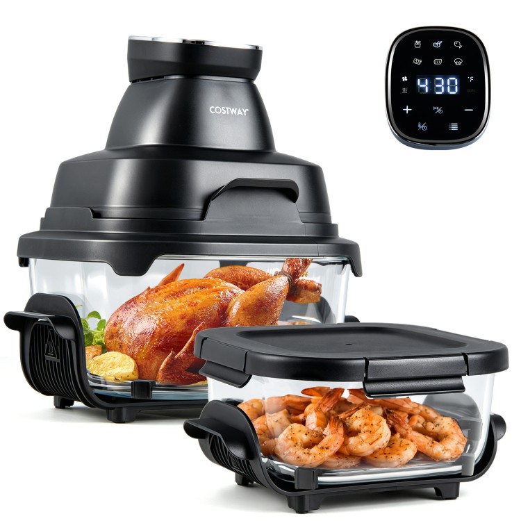 6-in-1 Portable Glass Air Fryer with dual containers, 1500W, perfect for family meals and single servings.