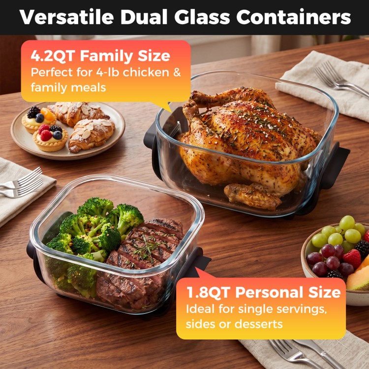 Versatile dual glass containers with lids, 4.2QT for family meals and 1.8QT for single servings, dishwasher safe.