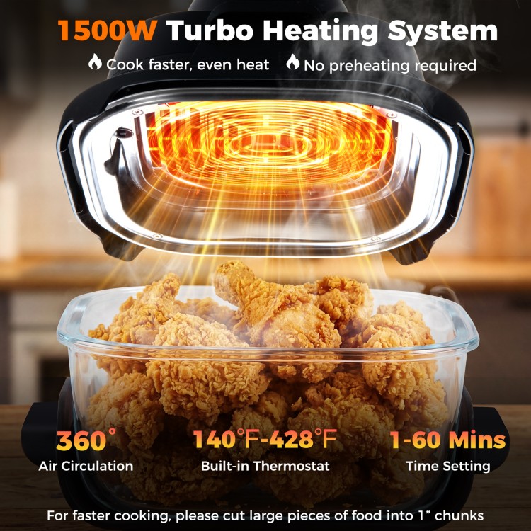 6-in-1 portable glass air fryer with dual containers, 1500W turbo heating, and 360° air circulation for crispy meals.