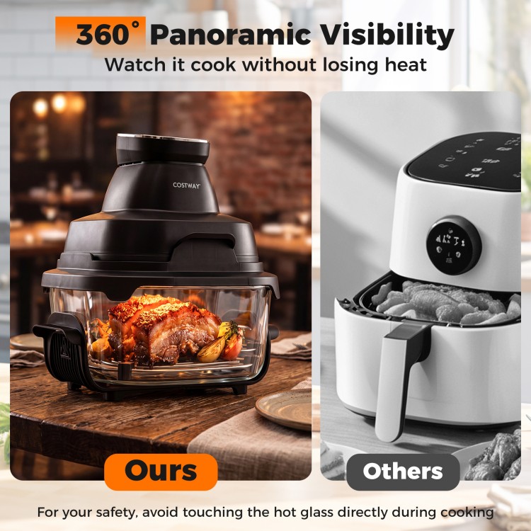 6-in-1 Portable Glass Air Fryer with dual containers, 1500W, 360° visibility for cooking family meals and single.
