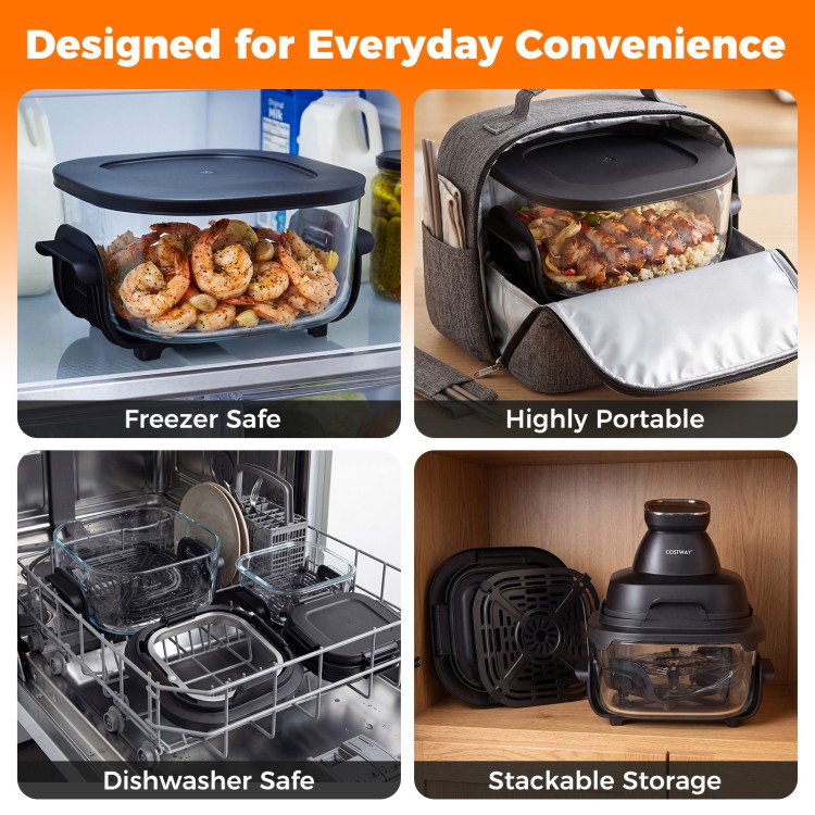 6-in-1 Portable Glass Air Fryer with dual containers, dishwasher safe, ideal for meal prep and stackable storage.
