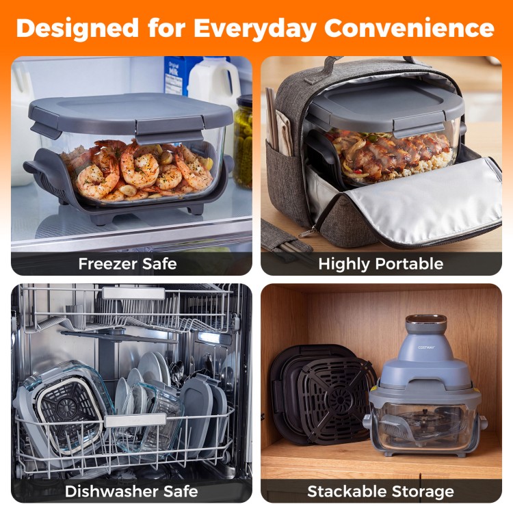 6-in-1 Portable Glass Air Fryer with dual containers, dishwasher safe, ideal for meal prep and stackable storage.