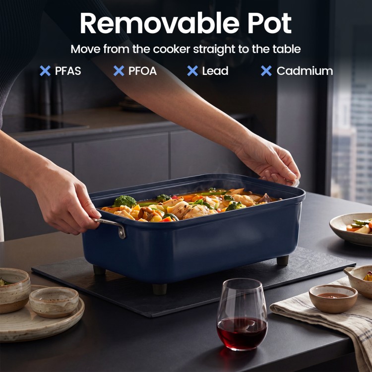 Removable pot from the X Quart Multi Cooker in blue, designed for easy serving and dishwasher-safe convenience.