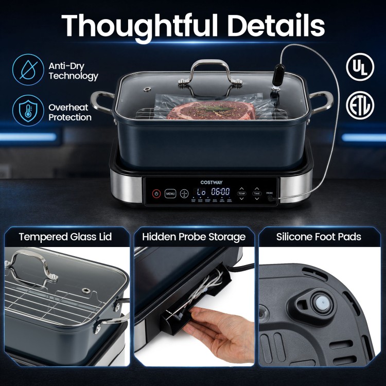 X Quart Multi Cooker with tempered glass lid, adjustable timer, and silicone foot pads for safe cooking and easy cleanup.