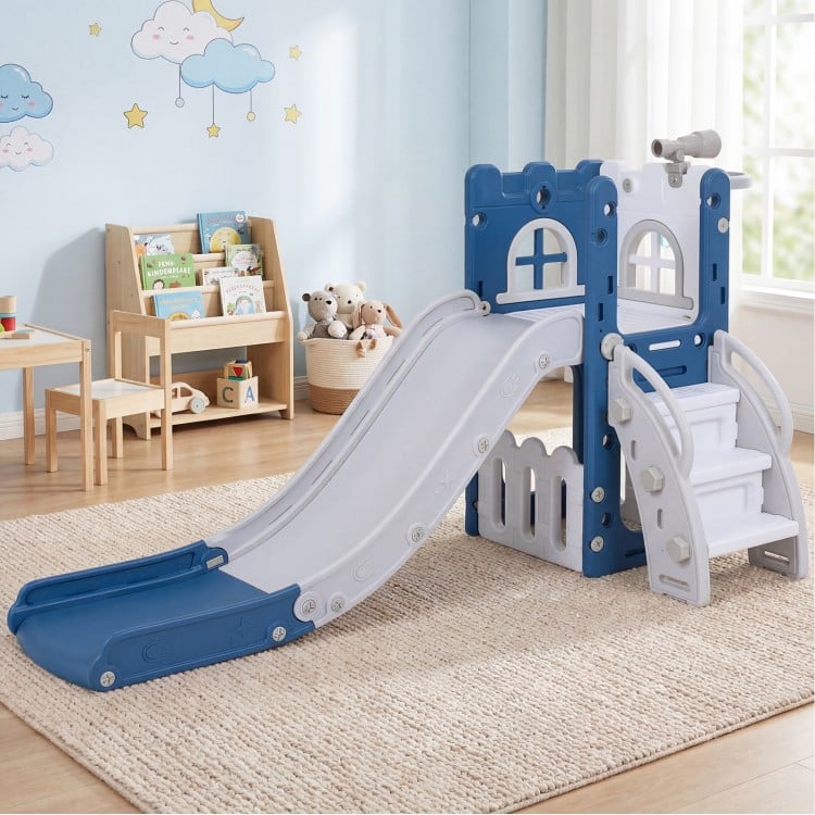 L-shaped toddler slide playground in blue with a slide, basketball hoop, and climbing ladder for safe play and skill.