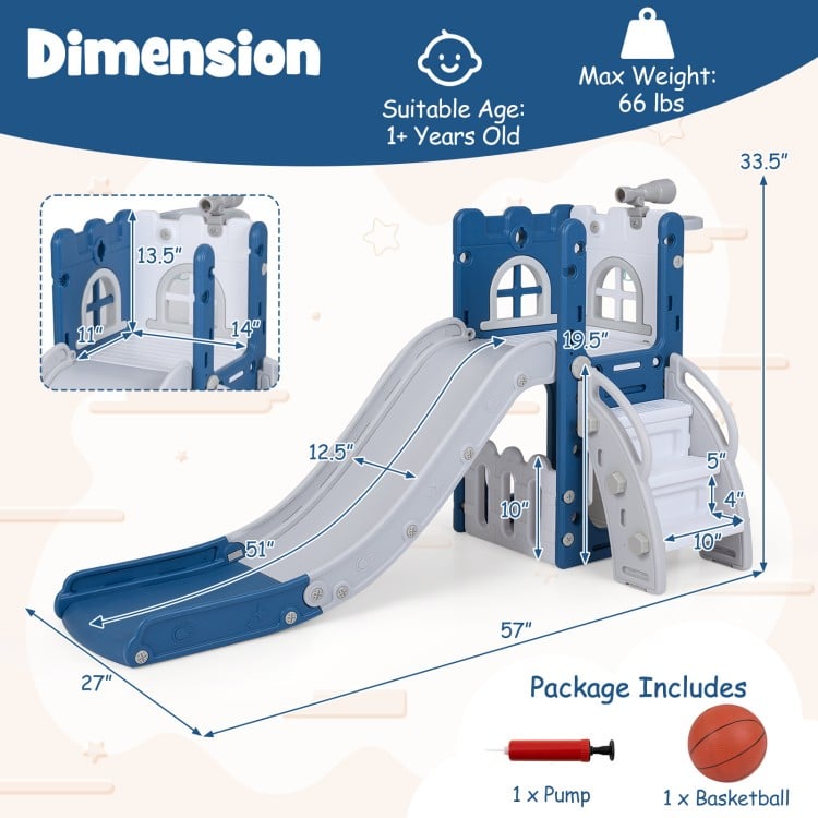 L-shaped toddler slide playground in blue with basketball hoop, ladder, and safe non-slip steps for active play.
