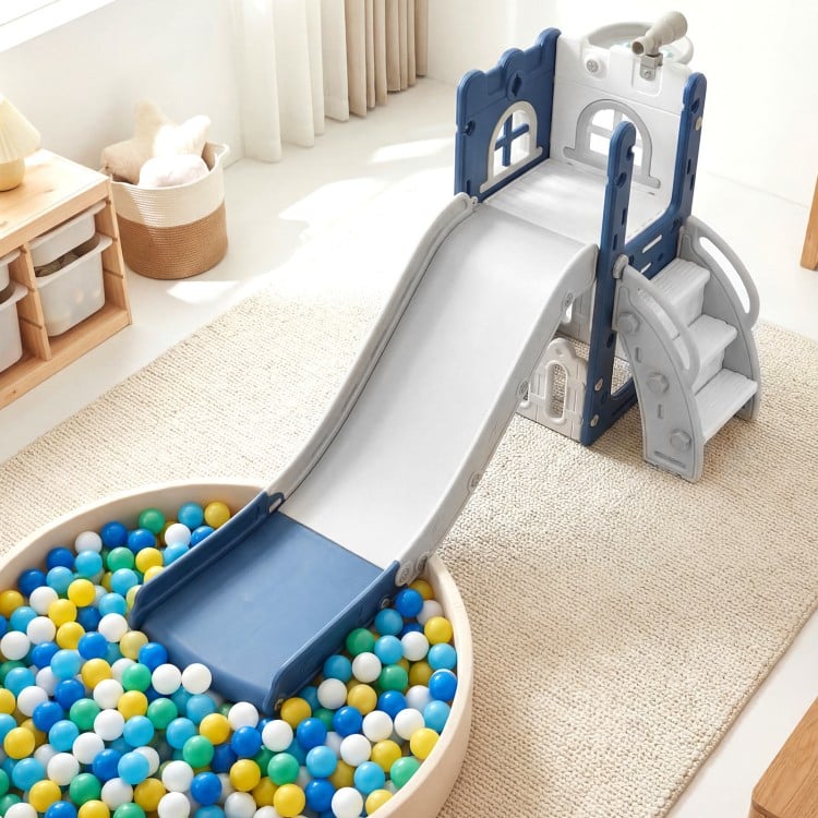 L-shaped toddler slide playground in blue with basketball hoop, steps, and ball pit for safe, fun playtime.